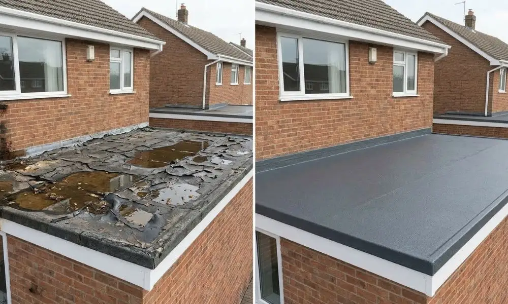 Before and after flat roof replacement on a Stoke-on-Trent house extension