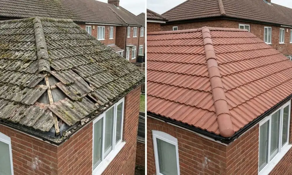 Before and after new roof installation on a Stoke-on-Trent terraced house by Potteries Fascias