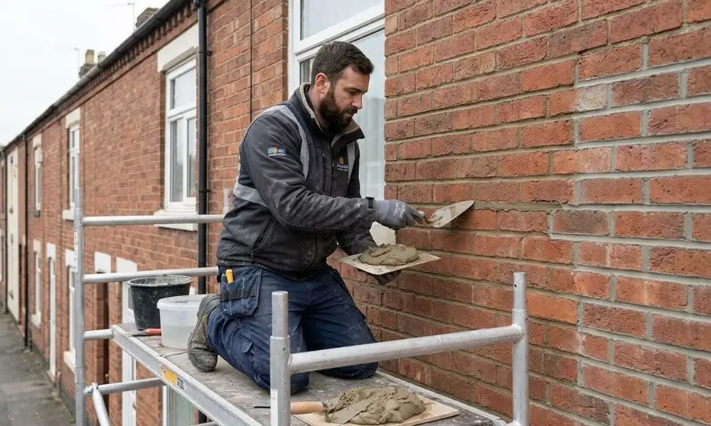 Potteries Fascias tradesman repointing the brickwork of a Stoke-on-Trent terraced house