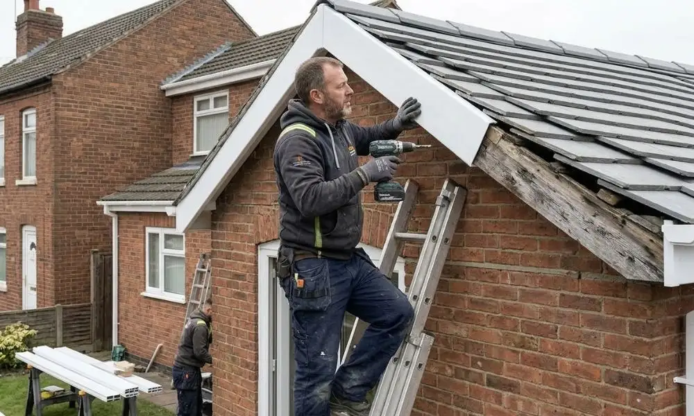 Potteries Fascias tradesman fitting new uPVC fascia boards on a Stoke-on-Trent semi-detached house