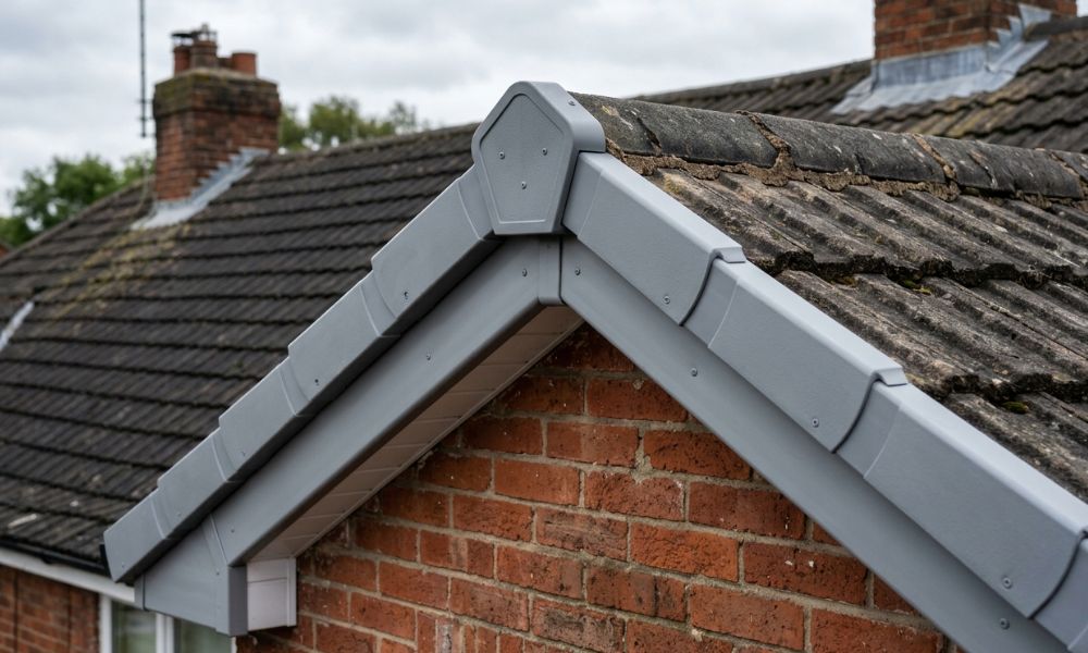 Grey uPVC dry verge caps fitted along the roofline of a red-brick semi-detached house in Stoke-on-Trent