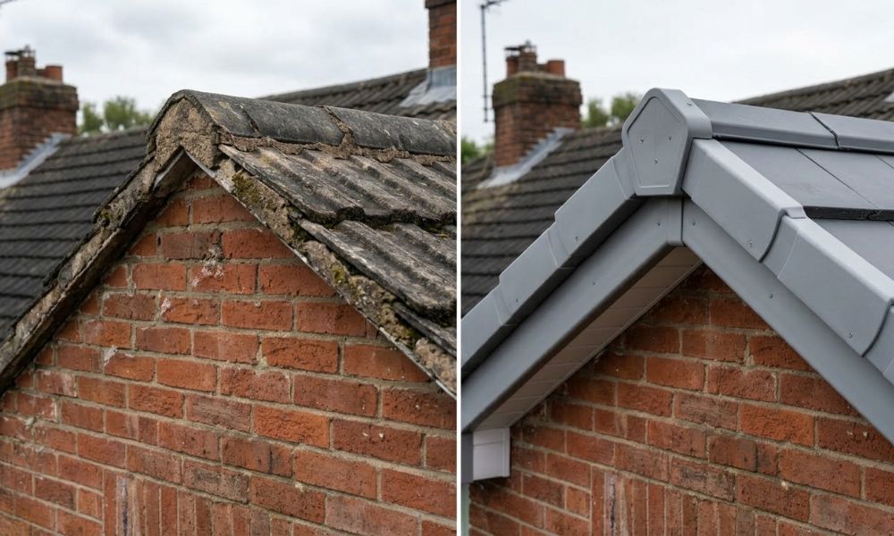  Comparison showing crumbling mortar verge on the left and clean new dry verge caps fitted on the right]