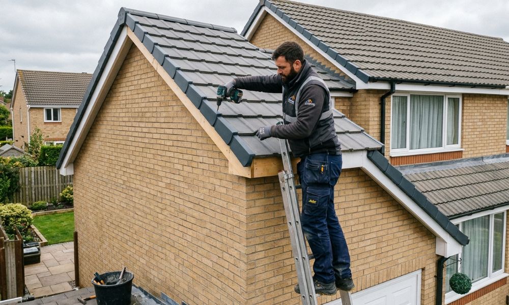 Potteries Fascias tradesman installing dry verge caps on a Stoke-on-Trent property