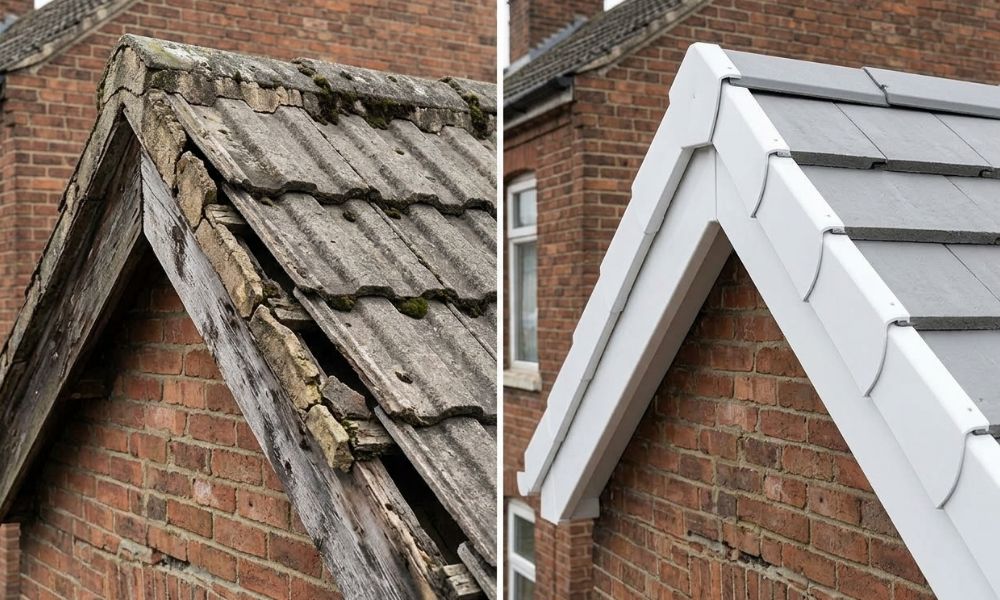 Before and after comparison of crumbling mortar verge replaced with dry verge caps in Stoke-on-Trent
