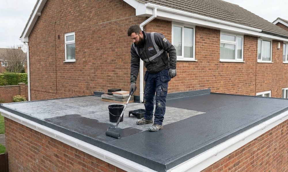 Potteries Fascias roofer installing a GRP fibreglass flat roof on a garage in Stoke-on-Trent