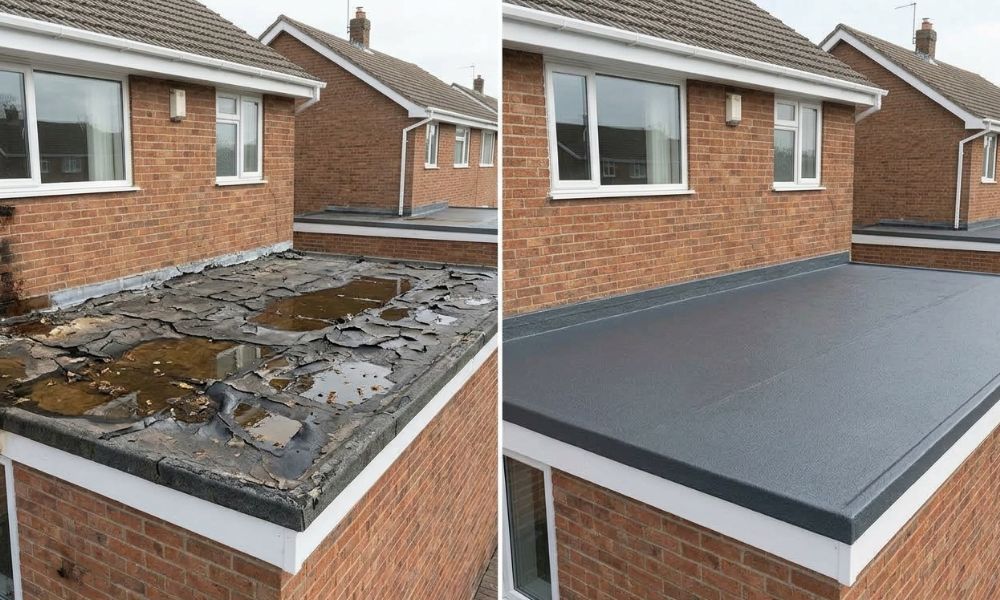 Before and after flat roof replacement on a Stoke-on-Trent house extension