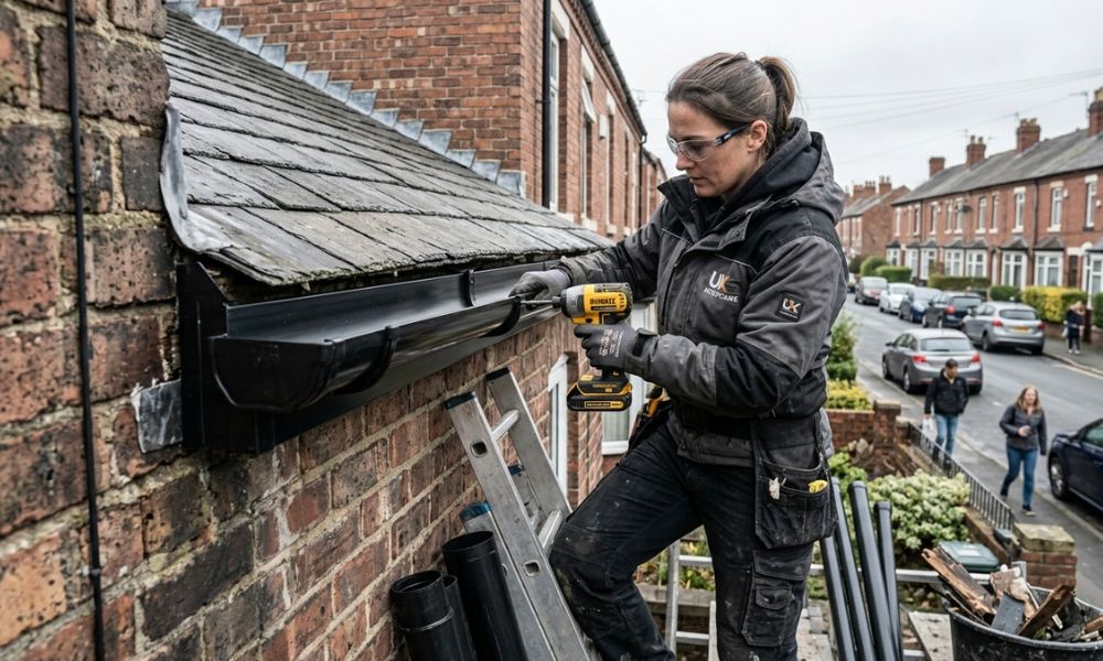 women fiximg guttering in stoke-on-trent street