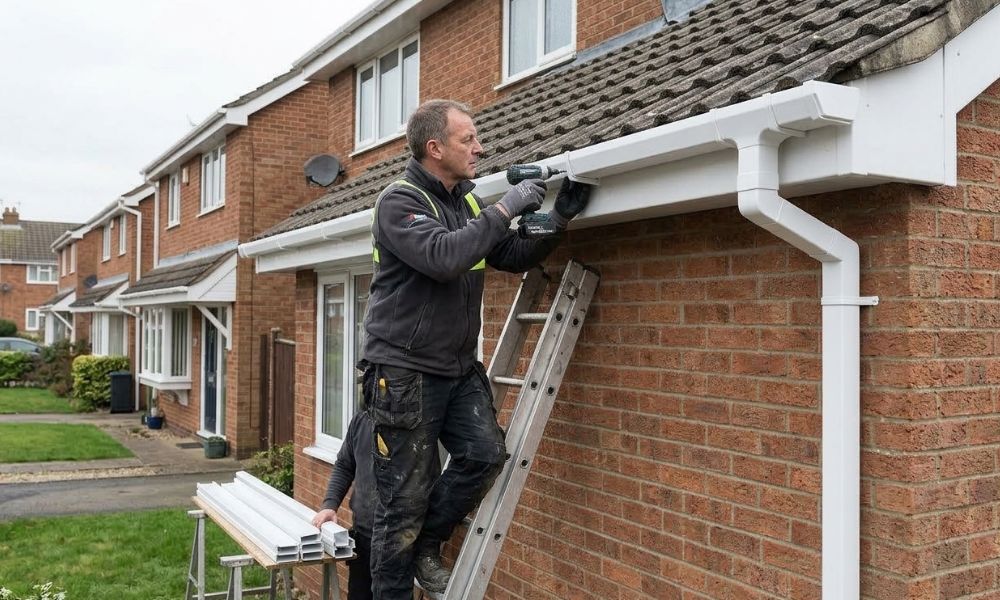 Potteries Fascias tradesman fitting new uPVC guttering on a Stoke-on-Trent semi-detached house