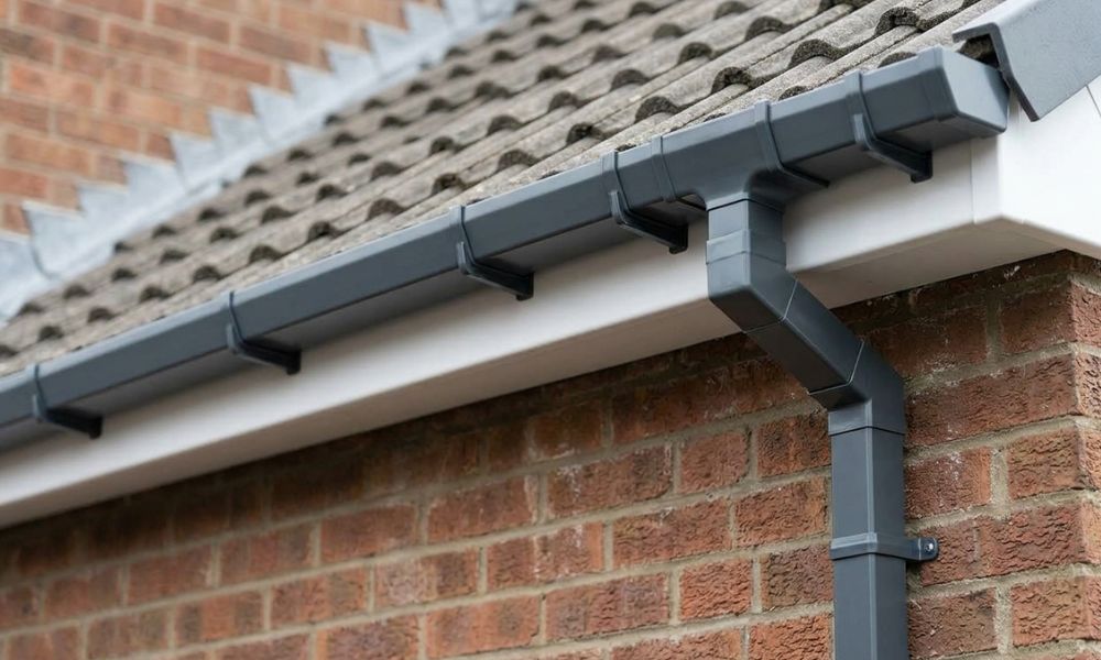 New grey square-line uPVC guttering fitted by Potteries Fascias in Stoke-on-Trent