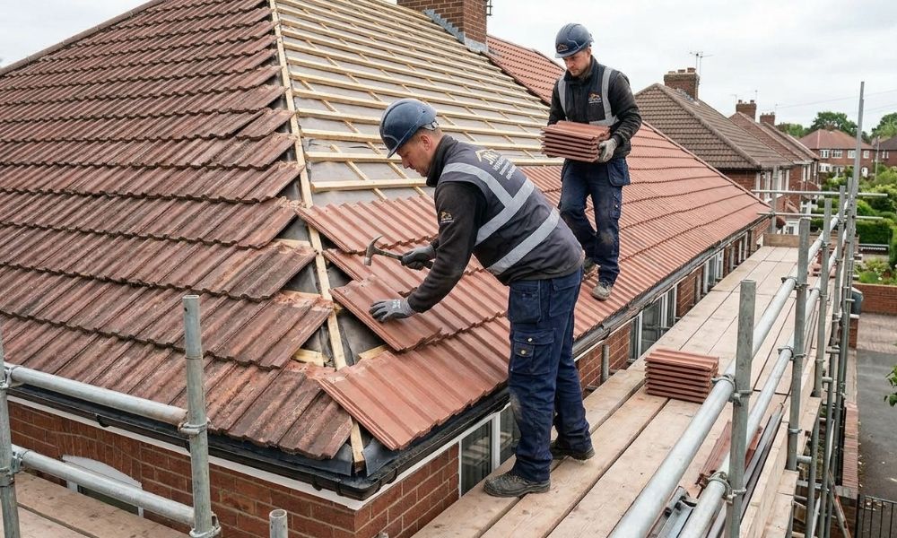 Potteries Fascias roofers installing new concrete roof tiles on a Stoke-on-Trent semi-detached house