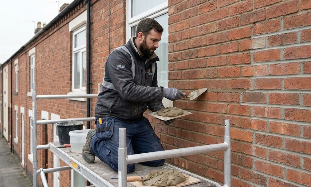 Potteries Fascias tradesman repointing the brickwork of a Stoke-on-Trent terraced house