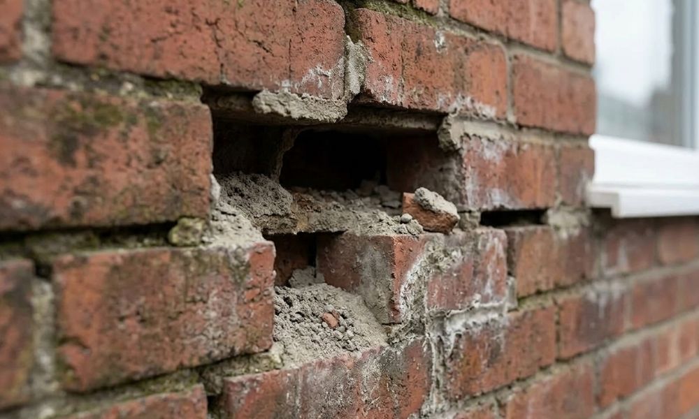Crumbling and recessed mortar joints on a Stoke-on-Trent property in need of repointing