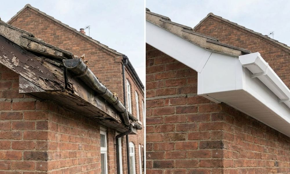Before and after fascia and soffit replacement on a Stoke-on-Trent terraced house